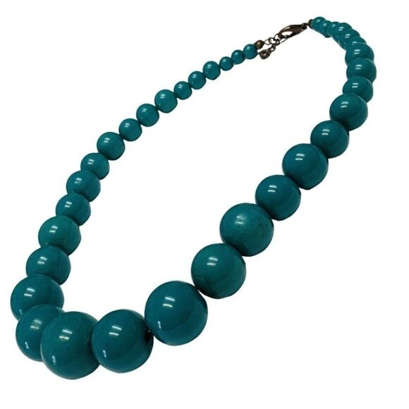 Vintage Teal Green Faux Pearl Graduated Acrylic Large Beaded Necklace 17” - Picture 3 of 7